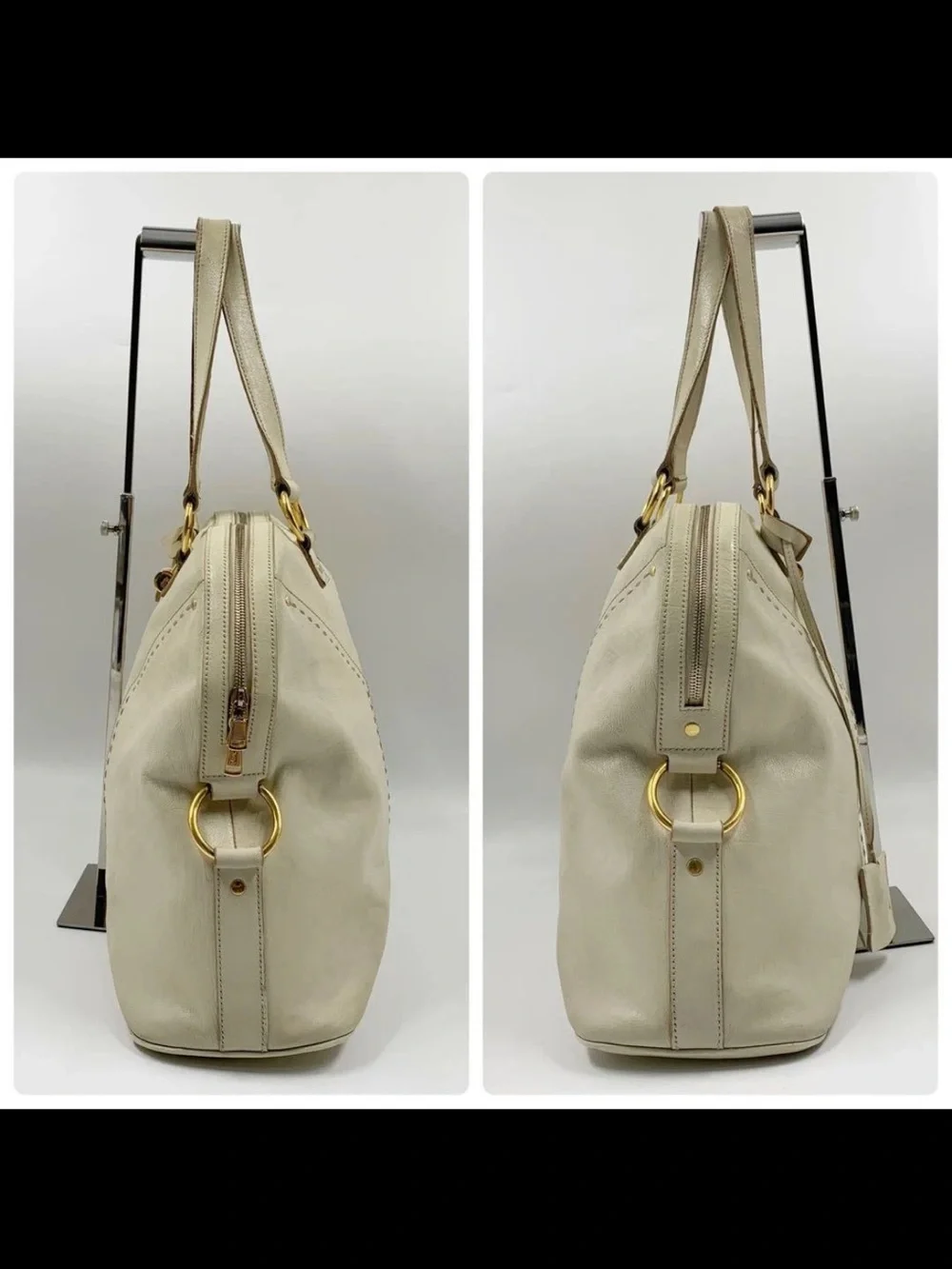 Saint Laurent Ivory Leather Double-Handle Tote with Gold Hardware